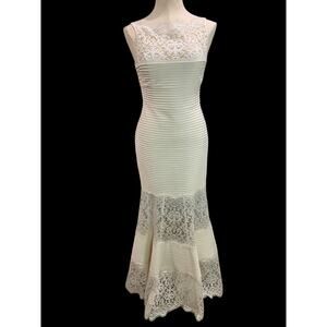 XS Tadashi Shoji Pintuck Lace Gown Ivory Boatneck Romantic